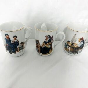 VINTAGE SET Of 5 Norman Rockwell Museum Coffee Mugs Cups White Gold Trim JAPAN